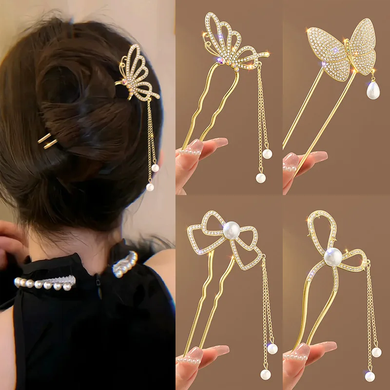 Hi Tech Accessories - Antiker Stil, Perlen-Strass-High-End-U-förmige Quasten-Haarnadel, neuer chinesischer