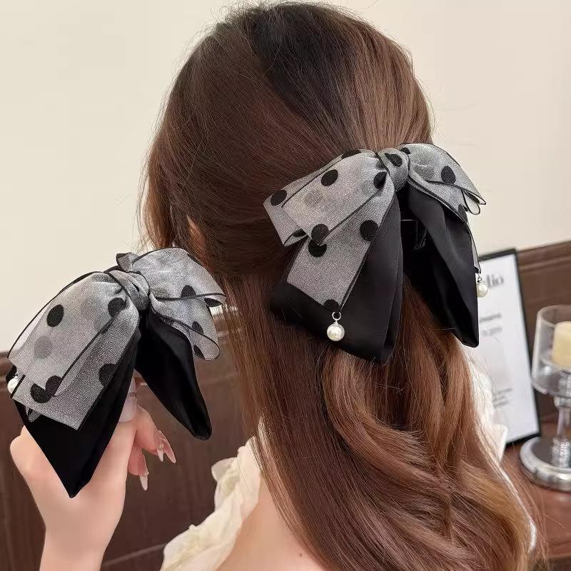 Hi Tech Accessories - Elegante graue Haarspange mit gepunkteter Schleife