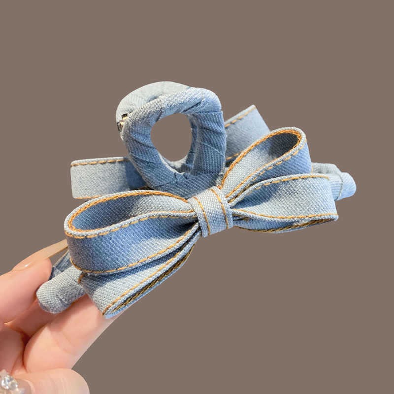 Hi Tech Accessories - Herbst-Winter-Haarklammer mit Denim-Schleife für Damen, High-End-Haarknoten-Haifischklammer,